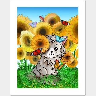 Cute cartoon cat and butterflies in a sunflower field Posters and Art